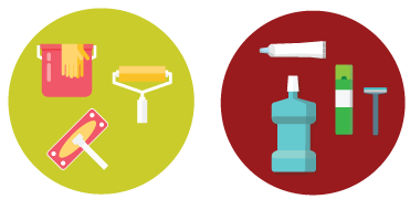 Two graphics; one with cleaning equipment, and the other with grooming items, i.e. toothpaste, mouthwash, and razor.