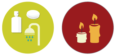 Two graphics; one with a shower head and water with soaps, and the other with two lit candles.