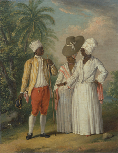 A painting depicting two Carib women wearing long white dresses with lace trim, in conversation with a Carib man wearing red trousers and a yellow jacket. There are palm trees in the background.