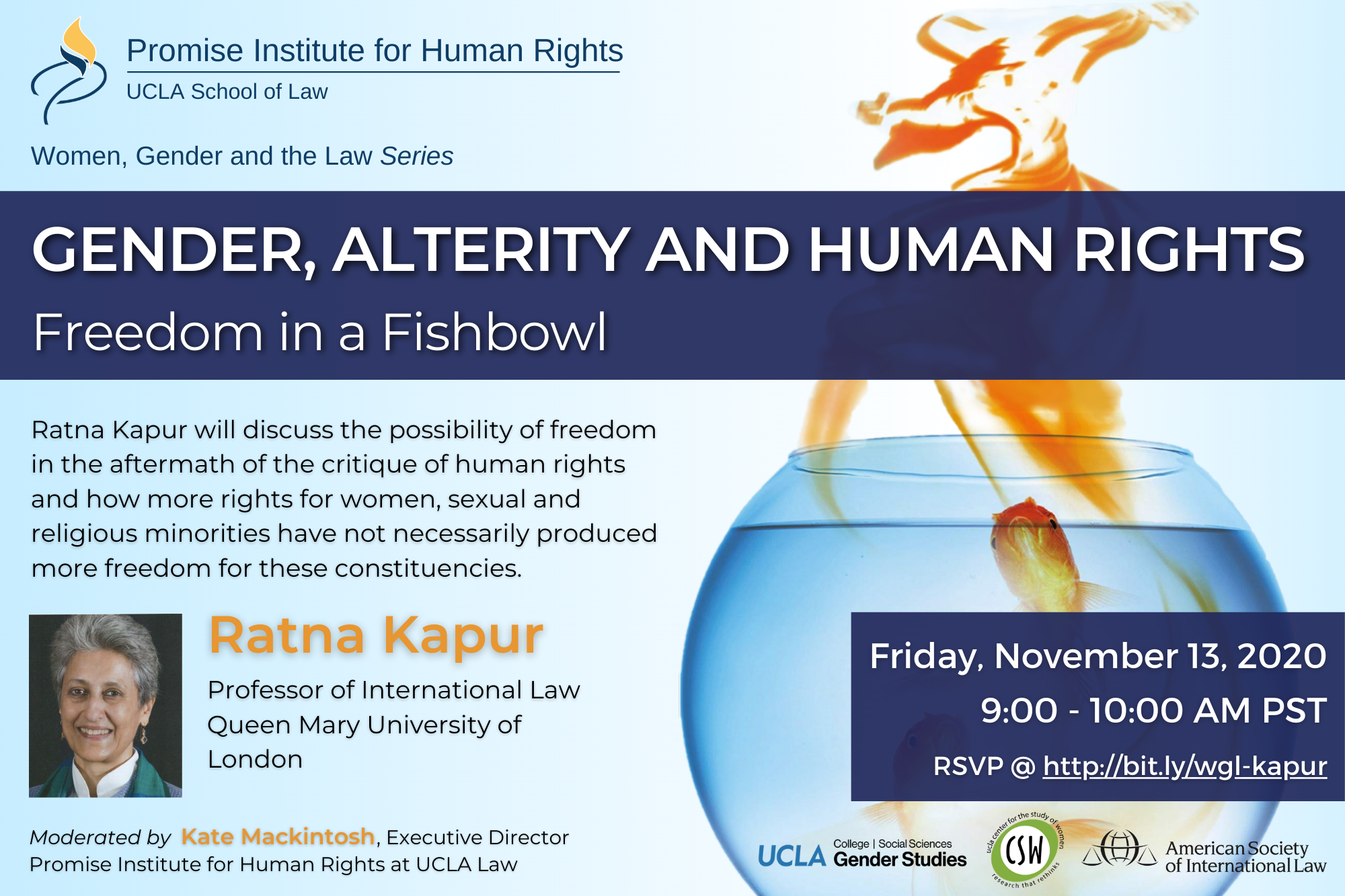 Flyer for Gender, Alterity and Human Rights: Freedom in a Fishbowl event on November 13th from 9 to 10 AM and featuring Ratna Kapur, Professor of Law at Queen Mary University of London