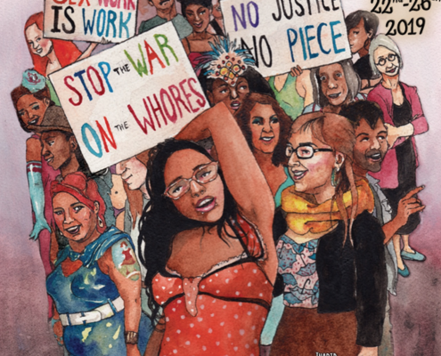 Sex Worker Film and Arts Festival Poster Image illustrating sseveral people holding signs saying "stop the war on whores" and "sex work is work"