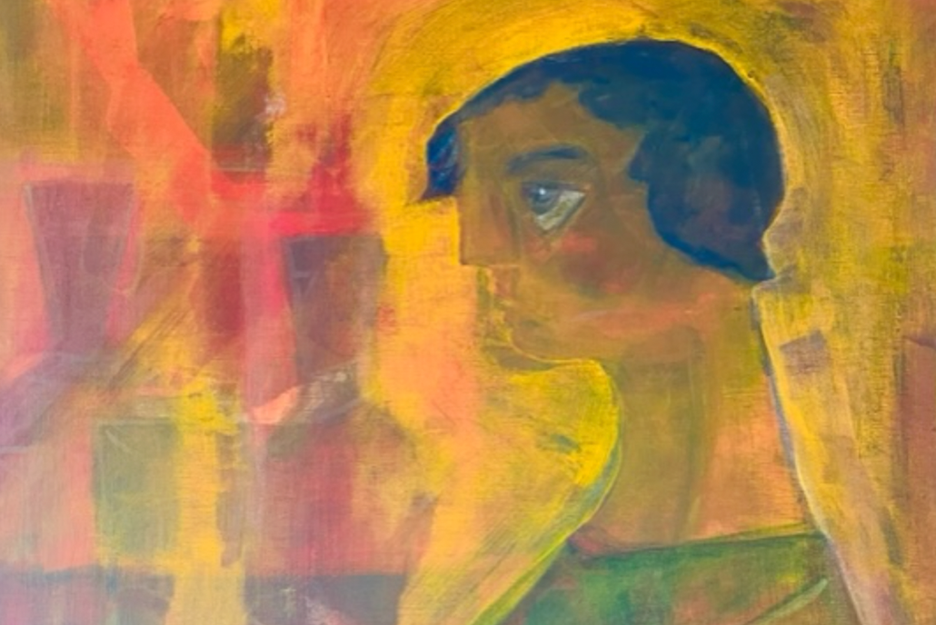 Colorful painting of person looking away.