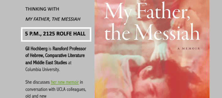 An event flier for a book discussion titled "Memory, Madness, & Messianism: Thinking with My Father, the Messiah." The flier features a book cover image of a child standing over a person lying down, overlaid with warm, reddish tones.