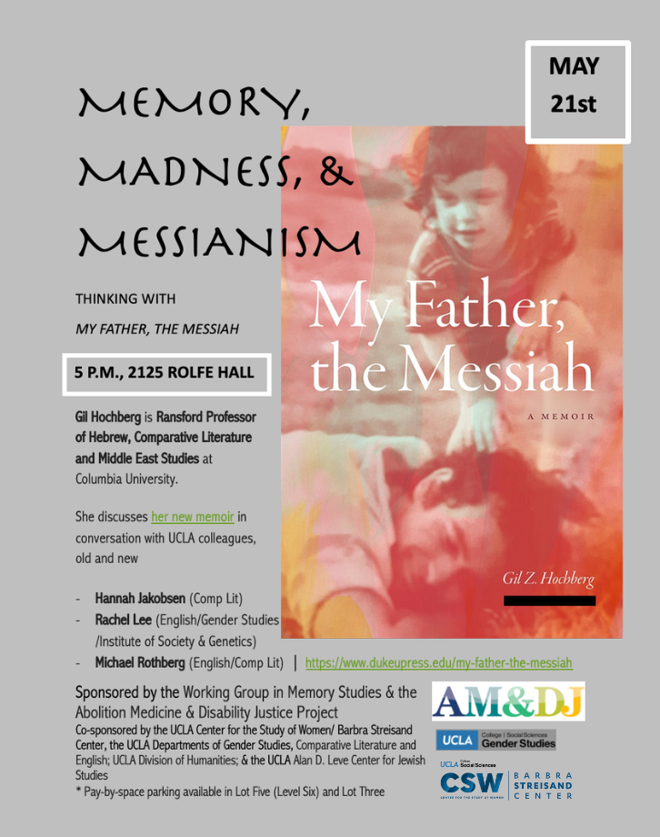 An event flier for a book discussion titled "Memory, Madness, & Messianism: Thinking with My Father, the Messiah." The flier features a book cover image of a child standing over a person lying down, overlaid with warm, reddish tones.