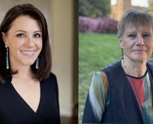 Two side-by-side portrait photographs show two women, both smiling.