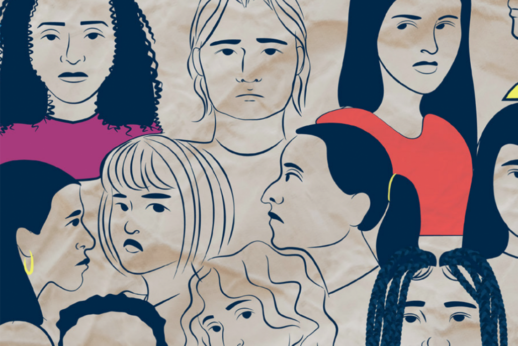 An illustration featuring a crowded group of diverse women's faces, drawn in a minimalist line-art style with selective pops of color. The figures are layered closely together against a textured, light beige background that resembles crumpled paper. Most of the women have serious or contemplative expressions, looking in different directions. Notable details include a woman in the top left with dark curly hair and a magenta shirt, a woman in the center with a blonde bob, and a woman on the right in profile with her hair in a ponytail and a red top. One woman in the bottom left wears a bright yellow hoop earring.