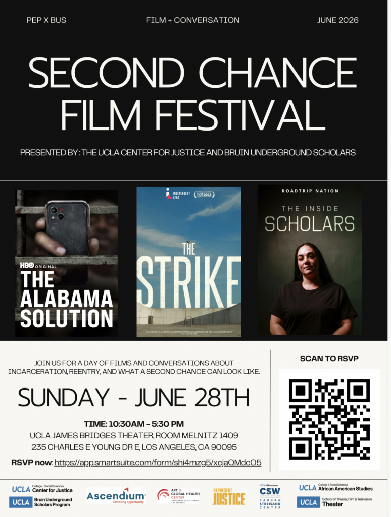 A day of powerful stories, honest conversations, and community. Join us for the Second Chance Film Festival presented by PEP x BUS, featuring screenings and discussions centered on incarceration, reentry, and what a second chance can look like. UCLA James Bridges Theater Sunday, June 28th 10:30 AM – 5:30 PM Come watch films like The Alabama Solution, The Strike, and The Inside Scholars followed by meaningful conversation and reflection. RSVP today through the link in our bio or scan the QR code on the flyer. We hope to see you there. 