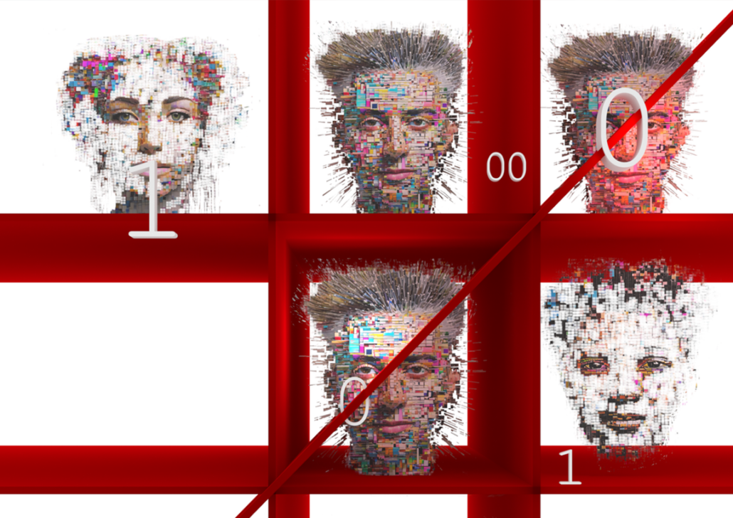 Amritha R Warrier & AI4Media A tic-tac-toe board with human faces as digital blocks, symbolizing how AI works on pre-existing, biased online data for information processing and decision-making