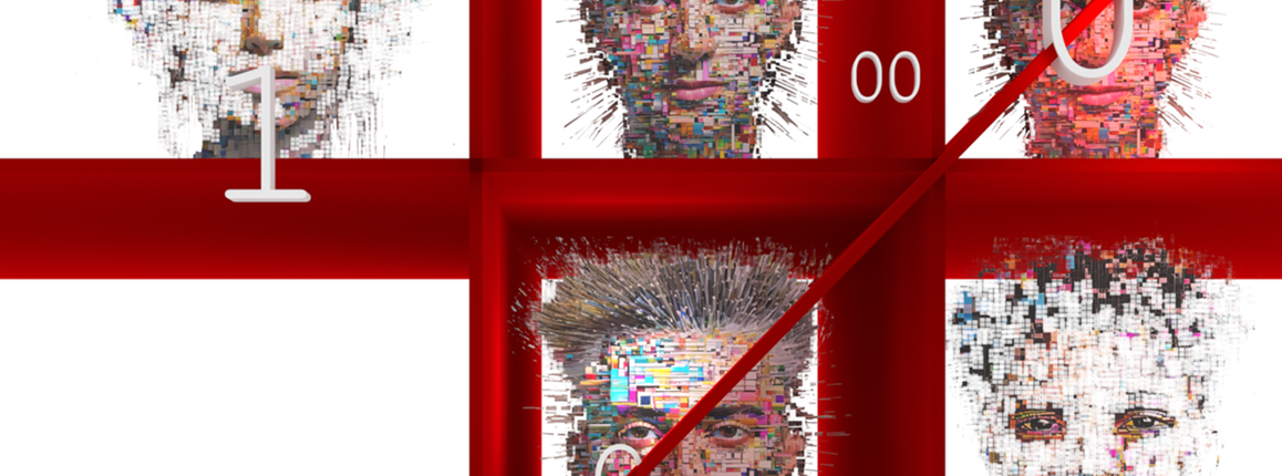 A tic-tac-toe board with human faces as digital blocks, symbolizing how AI works on pre-existing, biased online data for information processing and decision-making