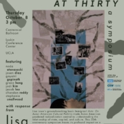 Event flyer for “Immigrant Acts at Thirty,” a 30th anniversary symposium celebrating Lisa Lowe’s book Immigrant Acts: On Asian American Cultural Politics. The event is Thursday, October 8, at 3 p.m. in the Centennial Ballroom at the Luskin Conference Center at UCLA. The symposium features Neda Atanasoski, José Muñoz, Gayatri Gopinath, Grace Hong, Jodi Kim, Jacob Lau, Chandan Reddy, and Stephanie Smallwood, with a response from Lisa Lowe. The flyer includes a collage of archival photographs over an abstract blue and pink background, logos for UCLA Asian American Studies, the University of Maryland Harriet Tubman Department of Women, Gender, and Sexuality Studies, and supporting UCLA centers. A QR code and the URL go.umd.edu/immigrantacts30 provide RSVP and event information.