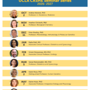 A table listing the UCLA CRSHE (Center for Reproductive Science, Health & Education) Seminar Series schedule for 2026–2027, with a dark blue header bar showing the UCLA College Life Sciences logo, the title "UCLA CRSHE Seminar Series 2026–2027" in yellow text, and the URL reprohealth.ucla.edu/events. Below, nine alternating yellow rows each show a circular headshot photo alongside a date and speaker listing: October 2, Andrea Hevener PhD, Professor-in-Residence, Medicine; November 6, Heather Christofk PhD, Professor, Biological Chemistry; December 11, Peter Bradley PhD, Professor, Microbiology, Immunology, & Molecular Genetics; January 8, Rajita Patil MD, Associate Clinical Professor, Obstetrics and Gynecology; February 5, Sriram Eleswarapu MD PhD, Associate Clinical Professor, Urology; March 5, Sanaz Memarzadeh MD PhD, Professor, Obstetrics and Gynecology; April 2, Karen Reue PhD, Distinguished Professor, Human Genetics; May 7, Elaine Hsiao PhD, Associate Professor, Integrative Biology and Physiology; and May 29, Yalda Afshar MD PhD, Associate Professor, Obstetrics & Gynecology.