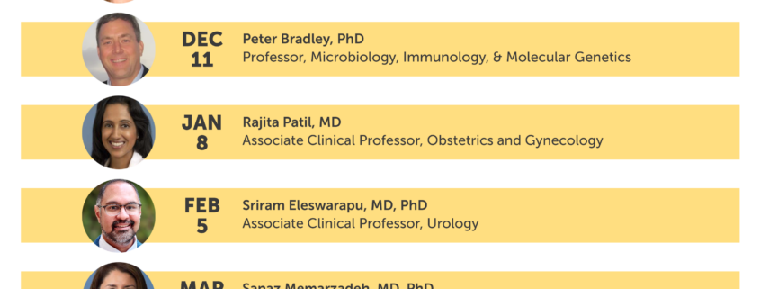 A table listing the UCLA CRSHE (Center for Reproductive Science, Health & Education) Seminar Series schedule for 2026–2027, with a dark blue header bar showing the UCLA College Life Sciences logo, the title "UCLA CRSHE Seminar Series 2026–2027" in yellow text, and the URL reprohealth.ucla.edu/events. Below, nine alternating yellow rows each show a circular headshot photo alongside a date and speaker listing: October 2, Andrea Hevener PhD, Professor-in-Residence, Medicine; November 6, Heather Christofk PhD, Professor, Biological Chemistry; December 11, Peter Bradley PhD, Professor, Microbiology, Immunology, & Molecular Genetics; January 8, Rajita Patil MD, Associate Clinical Professor, Obstetrics and Gynecology; February 5, Sriram Eleswarapu MD PhD, Associate Clinical Professor, Urology; March 5, Sanaz Memarzadeh MD PhD, Professor, Obstetrics and Gynecology; April 2, Karen Reue PhD, Distinguished Professor, Human Genetics; May 7, Elaine Hsiao PhD, Associate Professor, Integrative Biology and Physiology; and May 29, Yalda Afshar MD PhD, Associate Professor, Obstetrics & Gynecology.