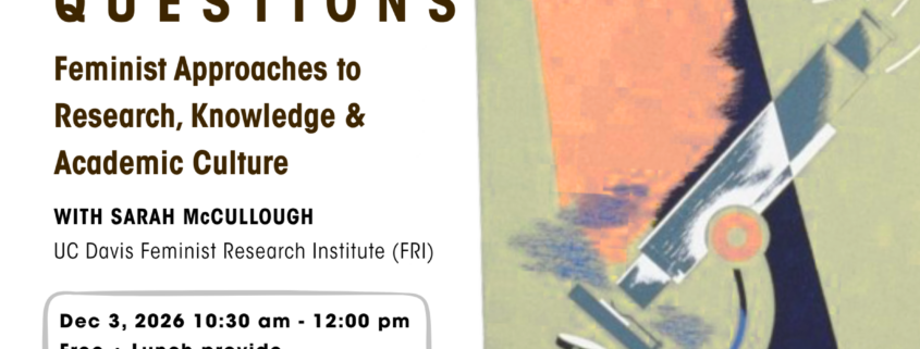 "Event flyer for a Graduate Student Workshop titled 'Asking Different Questions: Feminist Approaches to Research, Knowledge & Academic Culture,' hosted by UCLA CSW (Center for the Study of Women)/Barbra Streisand Center and UC Davis Feminist Research Institute. Header text asks: 'Are you a feminist grad student doing research in STEM? Ever wondered how to apply feminist principles in your work?' An abstract illustration on the right shows a stylized eye, geometric shapes, and a microscope-like form in teal, navy, and gold tones. The workshop is led by Sarah McCullough of UC Davis Feminist Research Institute (FRI). Event details: December 3, 2026, 10:30 am–12:00 pm, free with lunch provided, at the Center for the Study of Women / Barbra Streisand Center, 1500 Public Affairs, UCLA. Below, workshop subtitle reads 'Redressing Systemic Biases in Research & Living Your Values in Academia.' Participants will gain: intellectual frameworks from feminist science studies; tools for recognizing systemic bias in research; strategies for aligning academic practice with personal values; approaches for taking action toward greater equity; and new ways to strengthen the accuracy, relevance, and impact of research. A QR code and link for registration appear in the bottom right: https://asking-different-questions-graduate.eventbrite.com."
