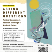 "Event flyer for a Faculty Workshop titled 'Asking Different Questions: Feminist Approaches to Research, Knowledge & Academic Culture,' hosted by UCLA CSW (Center for the Study of Women)/Barbra Streisand Center and UC Davis Feminist Research Institute. Header text asks: 'Are you a feminist doing research in STEM? Ever wondered how to apply feminist principles in your work?' An abstract illustration on the right shows a stylized eye, geometric shapes, and a microscope-like form in teal, navy, and gold tones. The workshop is led by Sarah McCullough of UC Davis Feminist Research Institute (FRI). Event details: December 3, 2026, 1:00–2:30 pm, free with lunch provided, at the Center for the Study of Women / Barbra Streisand Center, 1500 Public Affairs, UCLA. Below, workshop subtitle reads 'Faculty & Researcher Workshop: How do histories of eugenics, colonialism, and patriarchy continue to shape research?' Participants will explore how addressing systemic bias can: improve the accuracy and impact of scientific research; generate more innovative approaches to pressing contemporary issues; create more equitable and welcoming research environments; support junior scholars and strengthen lab culture; and turn feminist insights into actionable research practices. A QR code and link for registration appear in the bottom right: https://asking-different-questions-faculty.eventbrite.com."