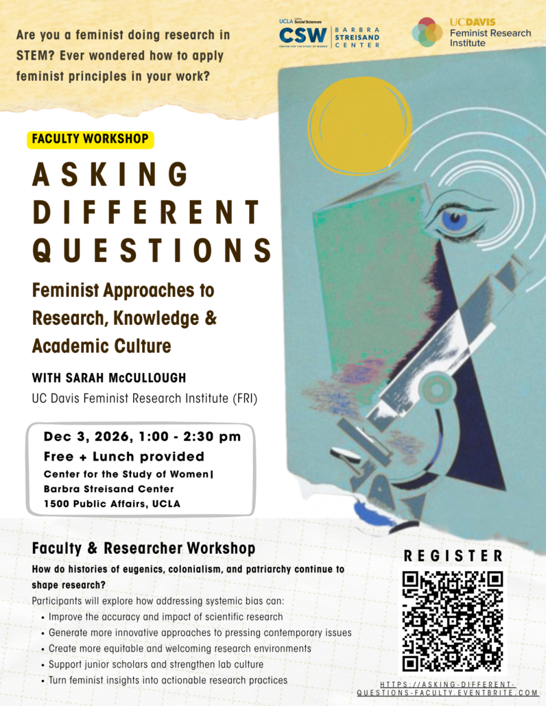 "Event flyer for a Faculty Workshop titled 'Asking Different Questions: Feminist Approaches to Research, Knowledge & Academic Culture,' hosted by UCLA CSW (Center for the Study of Women)/Barbra Streisand Center and UC Davis Feminist Research Institute. Header text asks: 'Are you a feminist doing research in STEM? Ever wondered how to apply feminist principles in your work?' An abstract illustration on the right shows a stylized eye, geometric shapes, and a microscope-like form in teal, navy, and gold tones. The workshop is led by Sarah McCullough of UC Davis Feminist Research Institute (FRI). Event details: December 3, 2026, 1:00–2:30 pm, free with lunch provided, at the Center for the Study of Women / Barbra Streisand Center, 1500 Public Affairs, UCLA. Below, workshop subtitle reads 'Faculty & Researcher Workshop: How do histories of eugenics, colonialism, and patriarchy continue to shape research?' Participants will explore how addressing systemic bias can: improve the accuracy and impact of scientific research; generate more innovative approaches to pressing contemporary issues; create more equitable and welcoming research environments; support junior scholars and strengthen lab culture; and turn feminist insights into actionable research practices. A QR code and link for registration appear in the bottom right: https://asking-different-questions-faculty.eventbrite.com."