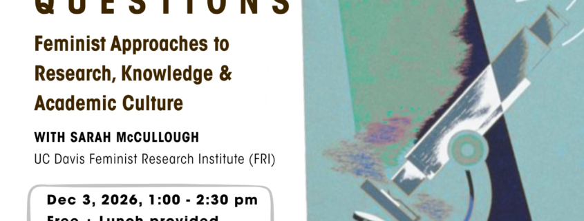 "Event flyer for a Faculty Workshop titled 'Asking Different Questions: Feminist Approaches to Research, Knowledge & Academic Culture,' hosted by UCLA CSW (Center for the Study of Women)/Barbra Streisand Center and UC Davis Feminist Research Institute. Header text asks: 'Are you a feminist doing research in STEM? Ever wondered how to apply feminist principles in your work?' An abstract illustration on the right shows a stylized eye, geometric shapes, and a microscope-like form in teal, navy, and gold tones. The workshop is led by Sarah McCullough of UC Davis Feminist Research Institute (FRI). Event details: December 3, 2026, 1:00–2:30 pm, free with lunch provided, at the Center for the Study of Women / Barbra Streisand Center, 1500 Public Affairs, UCLA. Below, workshop subtitle reads 'Faculty & Researcher Workshop: How do histories of eugenics, colonialism, and patriarchy continue to shape research?' Participants will explore how addressing systemic bias can: improve the accuracy and impact of scientific research; generate more innovative approaches to pressing contemporary issues; create more equitable and welcoming research environments; support junior scholars and strengthen lab culture; and turn feminist insights into actionable research practices. A QR code and link for registration appear in the bottom right: https://asking-different-questions-faculty.eventbrite.com."