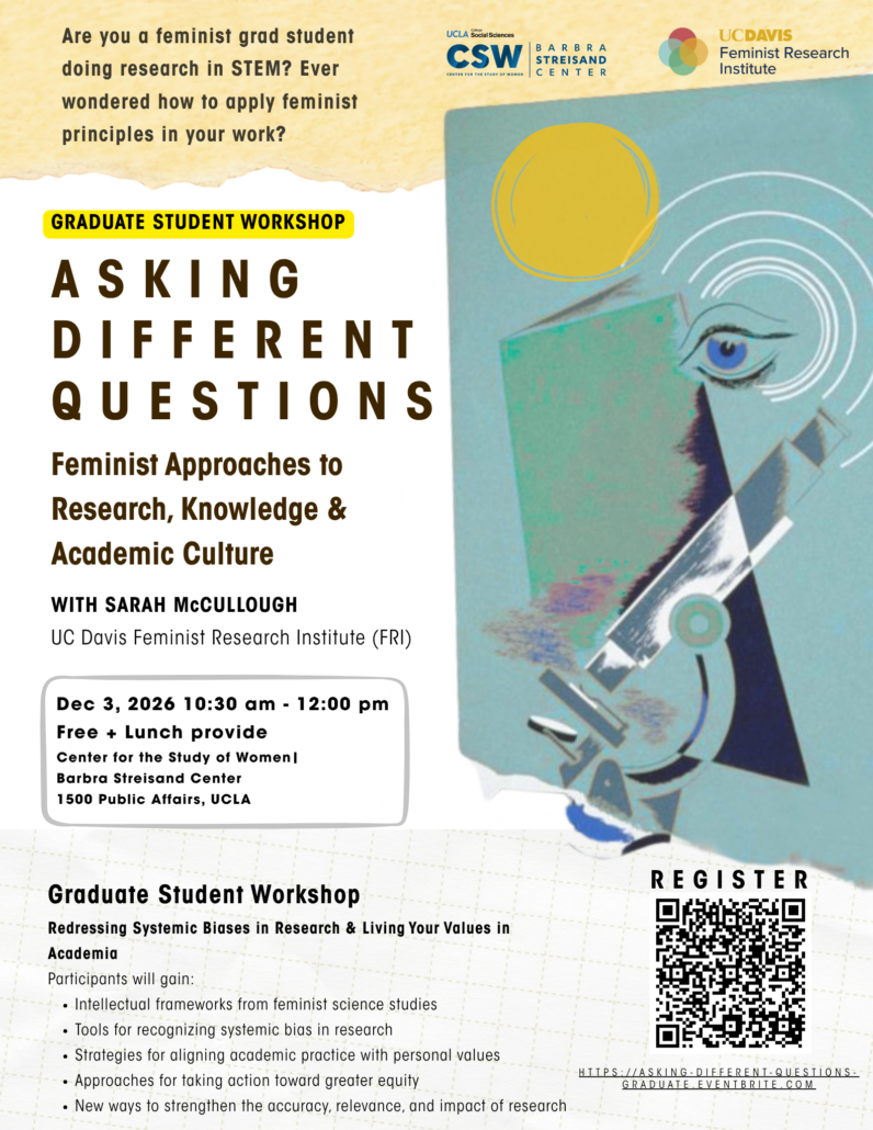 "Event flyer for a Graduate Student Workshop titled 'Asking Different Questions: Feminist Approaches to Research, Knowledge & Academic Culture,' hosted by UCLA CSW (Center for the Study of Women)/Barbra Streisand Center and UC Davis Feminist Research Institute. Header text asks: 'Are you a feminist grad student doing research in STEM? Ever wondered how to apply feminist principles in your work?' An abstract illustration on the right shows a stylized eye, geometric shapes, and a microscope-like form in teal, navy, and gold tones. The workshop is led by Sarah McCullough of UC Davis Feminist Research Institute (FRI). Event details: December 3, 2026, 10:30 am–12:00 pm, free with lunch provided, at the Center for the Study of Women / Barbra Streisand Center, 1500 Public Affairs, UCLA. Below, workshop subtitle reads 'Redressing Systemic Biases in Research & Living Your Values in Academia.' Participants will gain: intellectual frameworks from feminist science studies; tools for recognizing systemic bias in research; strategies for aligning academic practice with personal values; approaches for taking action toward greater equity; and new ways to strengthen the accuracy, relevance, and impact of research. A QR code and link for registration appear in the bottom right: https://asking-different-questions-graduate.eventbrite.com."