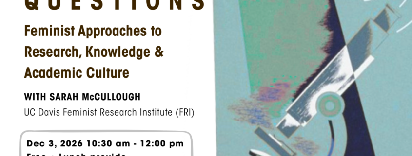 "Event flyer for a Graduate Student Workshop titled 'Asking Different Questions: Feminist Approaches to Research, Knowledge & Academic Culture,' hosted by UCLA CSW (Center for the Study of Women)/Barbra Streisand Center and UC Davis Feminist Research Institute. Header text asks: 'Are you a feminist grad student doing research in STEM? Ever wondered how to apply feminist principles in your work?' An abstract illustration on the right shows a stylized eye, geometric shapes, and a microscope-like form in teal, navy, and gold tones. The workshop is led by Sarah McCullough of UC Davis Feminist Research Institute (FRI). Event details: December 3, 2026, 10:30 am–12:00 pm, free with lunch provided, at the Center for the Study of Women / Barbra Streisand Center, 1500 Public Affairs, UCLA. Below, workshop subtitle reads 'Redressing Systemic Biases in Research & Living Your Values in Academia.' Participants will gain: intellectual frameworks from feminist science studies; tools for recognizing systemic bias in research; strategies for aligning academic practice with personal values; approaches for taking action toward greater equity; and new ways to strengthen the accuracy, relevance, and impact of research. A QR code and link for registration appear in the bottom right: https://asking-different-questions-graduate.eventbrite.com."
