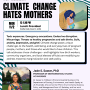 "Event flyer for 'Climate Change Hates Mothers,' a talk and discussion hosted by UCLA CSW (Center for the Study of Women) and the Barbra Streisand Center, part of UCLA College Social Sciences. Monday, November 2, 12–1:30 PM, Rolfe Hall Room 2125, lunch provided. An illustration shows a woman with dark curly hair cradling a globe, standing between a barren, cracked desert landscape and a lush green hillside. Event description reads: 'Toxic exposures. Emergency evacuations. Endocrine disruption. Miscarriage. Threats to healthy pregnancies and safe births. Guilt, anxiety, depression, and grief. Climate change poses unique challenges to the health, well-being, and everyday lives of pregnant people, mothers, and those who would like to have children. This talk addresses those challenges - and highlights how birth workers, community organizers, and local elected officials are mobilizing to address maternal marginalization and seek policy.' A photo shows speaker Jade S. Sasser, PhD, smiling outdoors in a colorful patterned top, with trees and mountains in the background. Text identifies her as Professor of Environmental Studies at UC Riverside, with a bio noting she is in the Department of Society, Environment, and Health Equity, earned her PhD in Environmental Science, Policy, and Management from UC Berkeley, and her work explores climate change, maternal health, and reproductive justice through an intersectional lens. Bottom banner reads: 'Free. RSVP required' with link ClimateChangeHatesMothers.eventbrite.com."