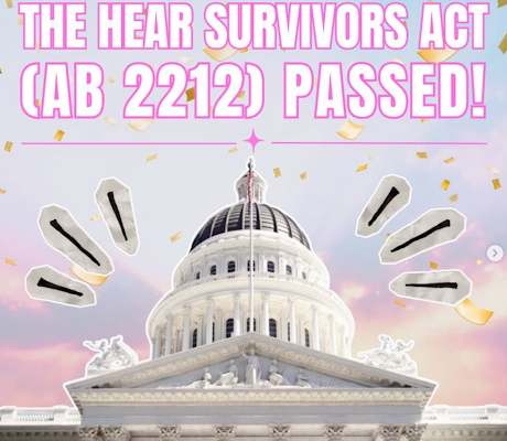 A celebratory graphic announcing 'Breaking News: The HEAR Survivors Act (AB 2212) Passed!' with confetti and exclamation marks over an image of the California State Capitol building.