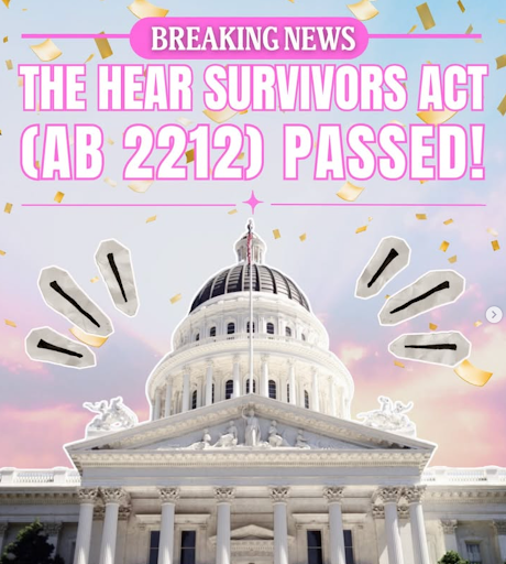A celebratory graphic announcing 'Breaking News: The HEAR Survivors Act (AB 2212) Passed!' with confetti and exclamation marks over an image of the California State Capitol building.