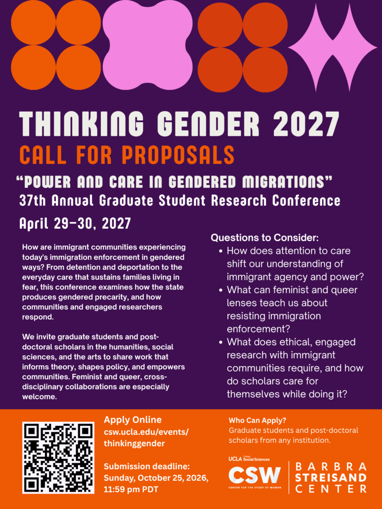 Flyer on a deep purple background with a row of orange and pink geometric shapes across the top: clusters of orange circles, a pink four-lobed shape, and a pink four-pointed star. Text reads: 