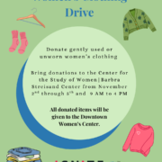 Green flyer titled “Women’s Clothing Drive” in blue serif text. A large light-green circle with a blue crescent behind it holds the details: “Donate gently used or unworn women’s clothing. Bring donations to the Center for the Study of Women | Barbra Streisand Center from November 2nd through 5th and 9 AM to 4 PM. All donated items will be given to the Downtown Women’s Center.” Illustrations of a hanger, pink socks, a green floral cardigan, a pink heart sweater, and a stack of folded jeans and shirts surround the circle. At the bottom are the IGNITE logo (“Political power in every young woman”) and the UCLA Social Sciences CSW Barbra Streisand Center logo.